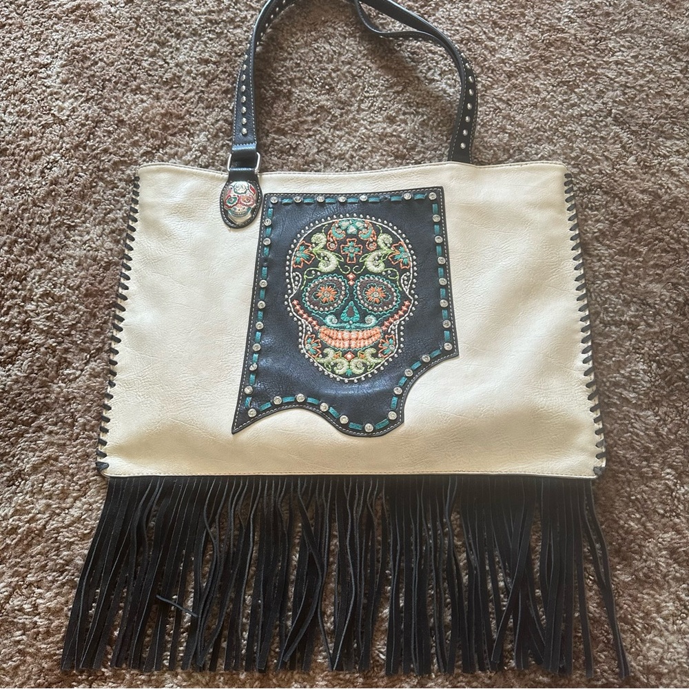 Montana West Fringe Embroidered Sugar Skull Tote Silver Skull Accented 18”x12.5”